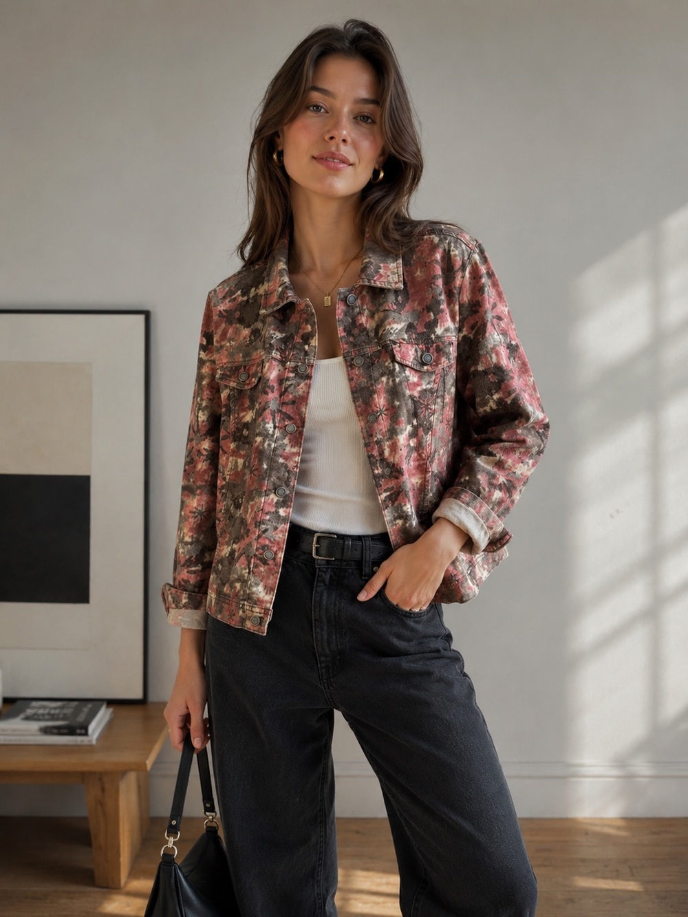 FDJ Washed Floral Pink Stretch Cottagecore Fall Boho Denim Jean Jacket SZ XL
